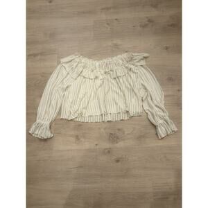 By Anthropologie Long-Sleeve Sheer Striped Crop Blouse Women’s Medium Beige